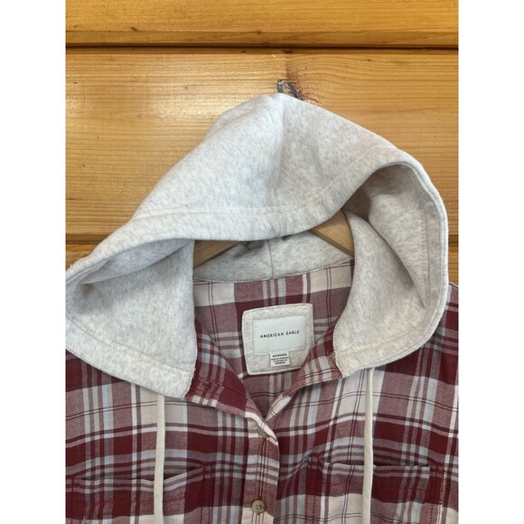 American Eagle Womens Long Sleeve Button Down Hooded Flannel Distressed XS - Picture 2 of 6